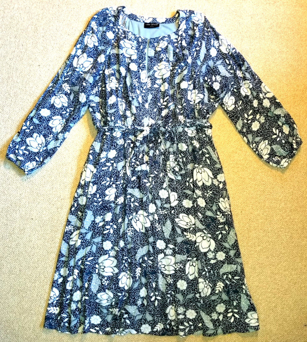 Womens Dress-LANE BRYANT-blue/white floral rayon midi cinched waist w/tie-22